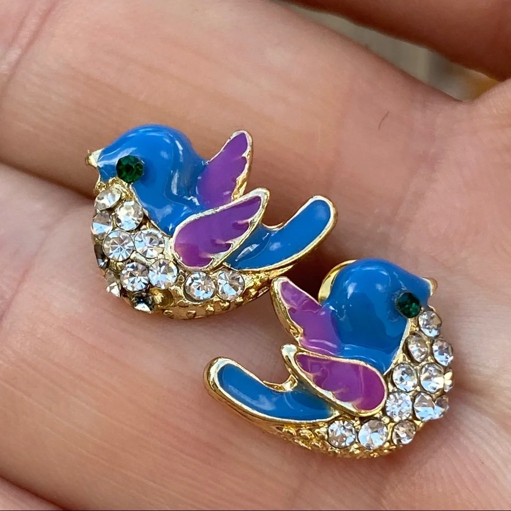 Blue and Purple Bird Earrings - Picture 4 of 4